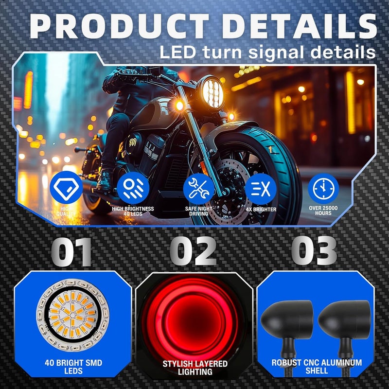 DREAMIZER 2pcs Motorcycle Blinker Universal LED Motorcycle Turn Signals w/Running Light Compatible with Harley Bobber Cafe Racer Cruiser Chopper Honda Yamaha Suzuki Kawasaki (Black-Amber Red Lens) - Image 4
